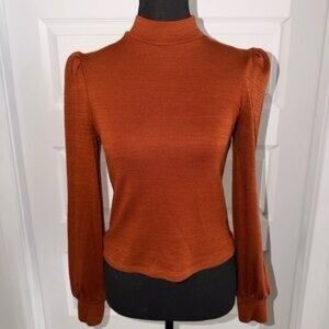 Rust Orange Long Sleeve Women's Top Puff Shoulder Sleeves and Mock Neck